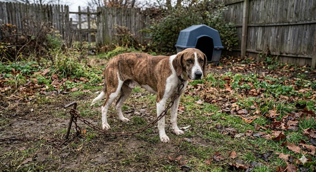 a sad, thin dog on a heavy chain standing in a neglected backyard