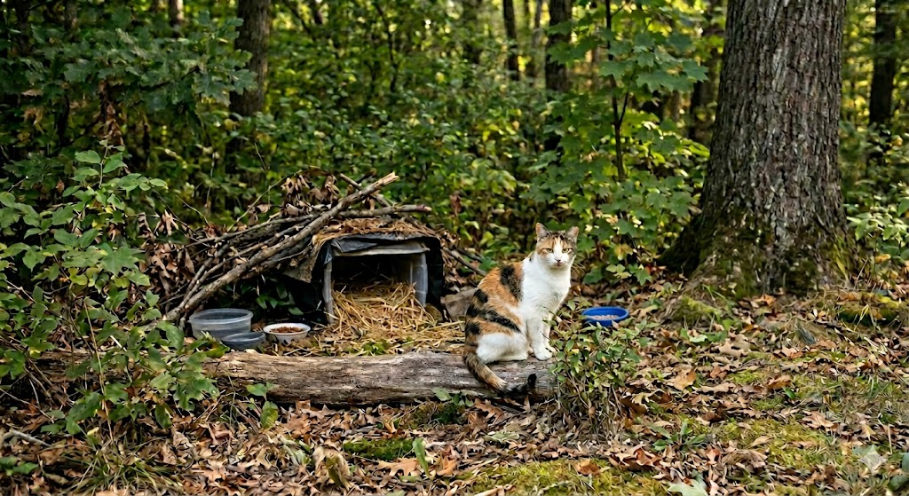 community cat with a tipped ear sitting outside on a log next to an outdoor shelter and food bowls.