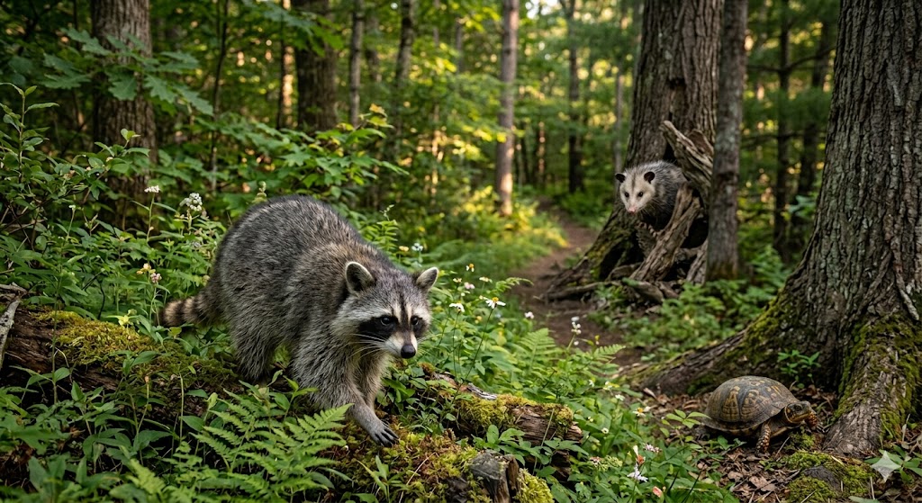 A raccoon, an opossum, and a turtle together in a peaceful woods setting representing wildlife rescue and protection