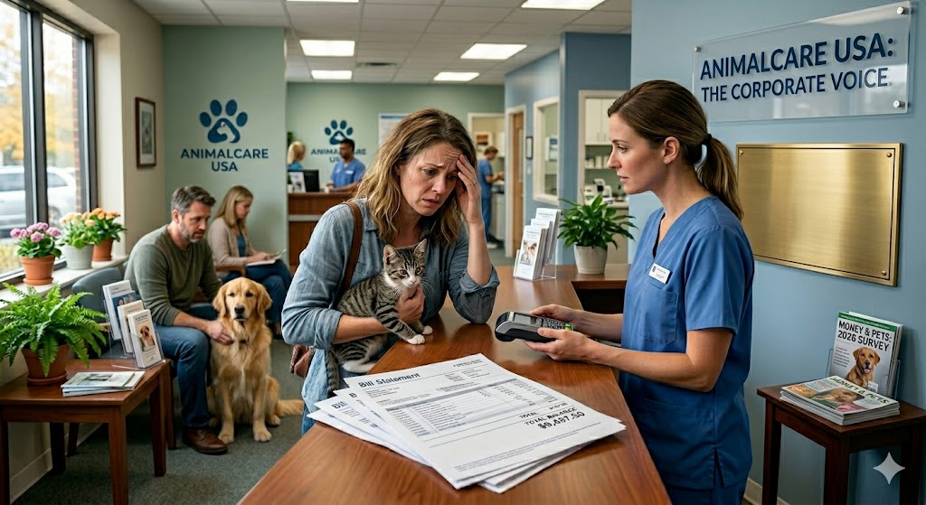 woman standing at the counter in her vet stressing about how to pay her vet bill