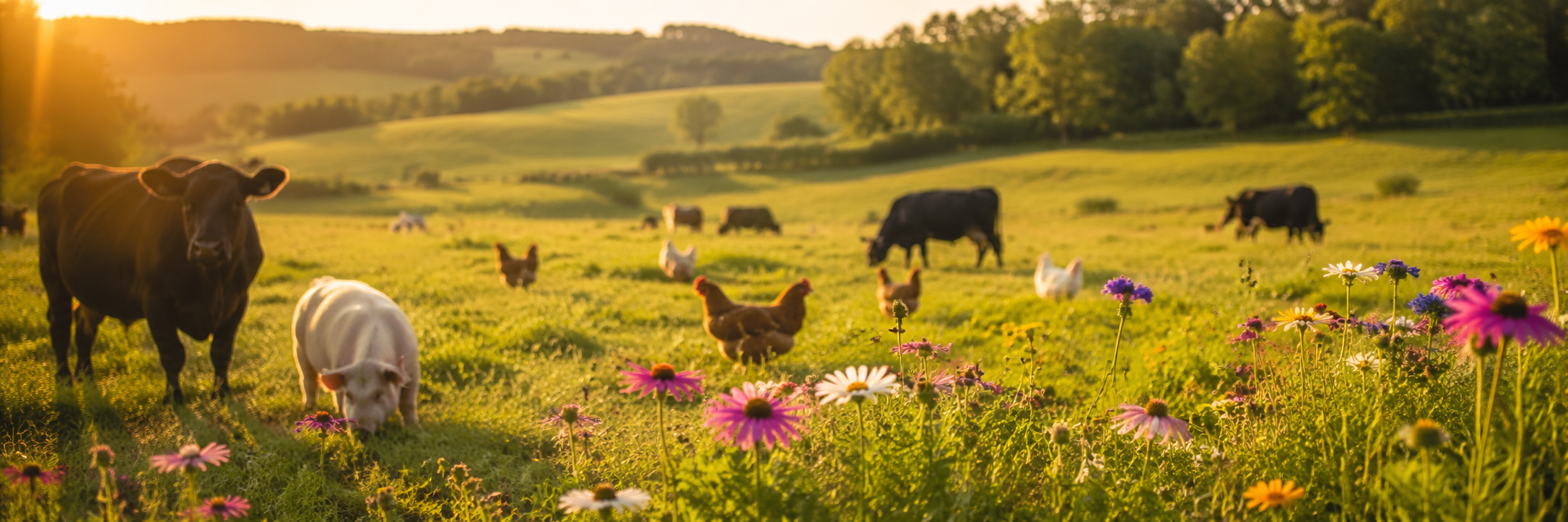 peaceful farm land with cows chickens and pigs